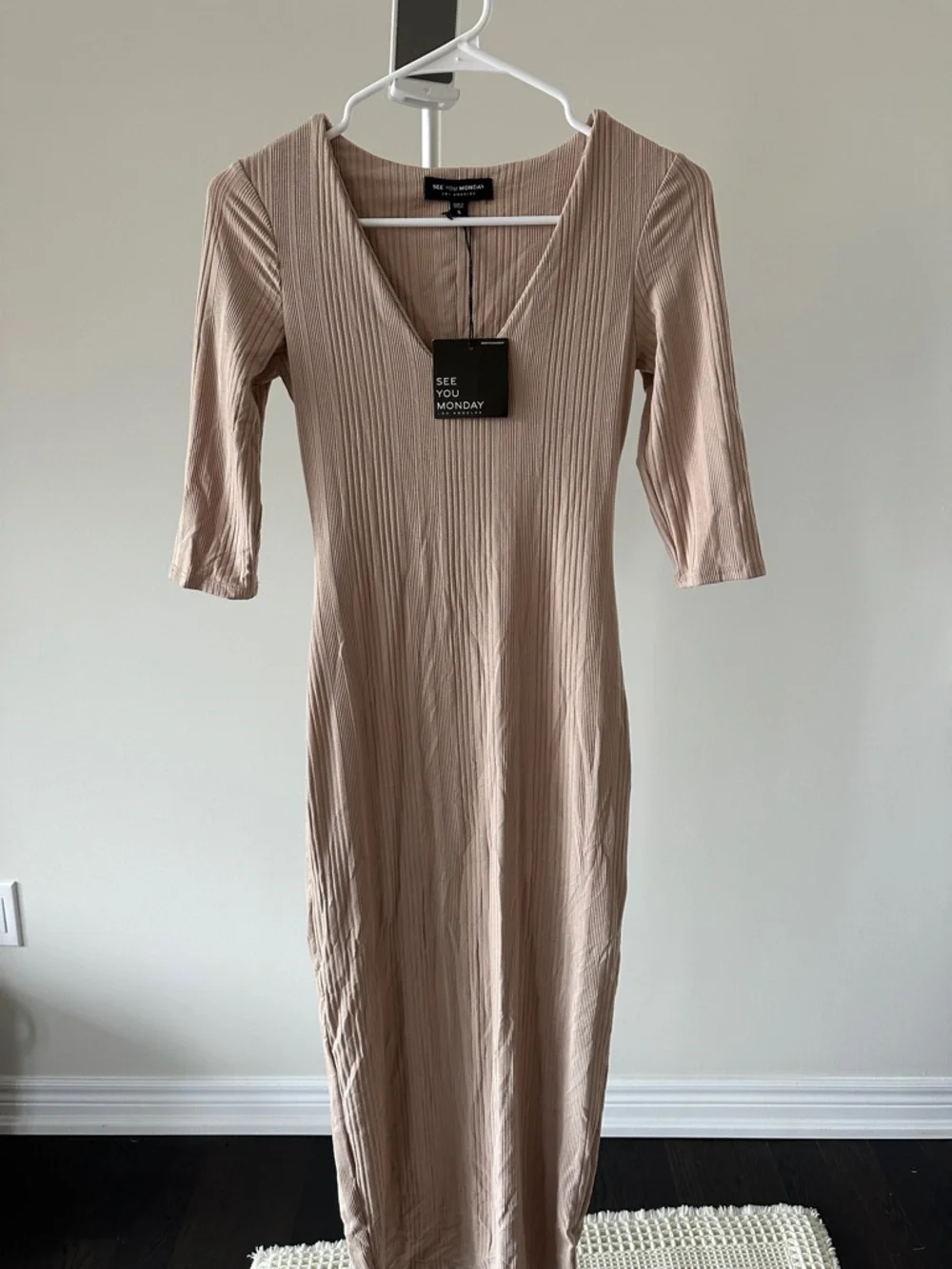 See You Monday Ribbed Midi Dress in Beige - Picture 1 of 3